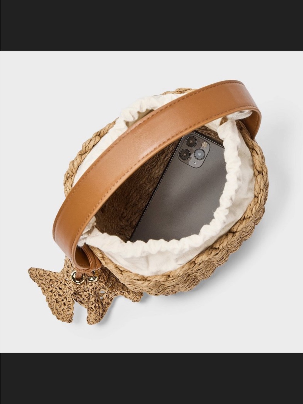 Woven Straw Bucket Bag with Cream Drawstring - Picture 3 of 5